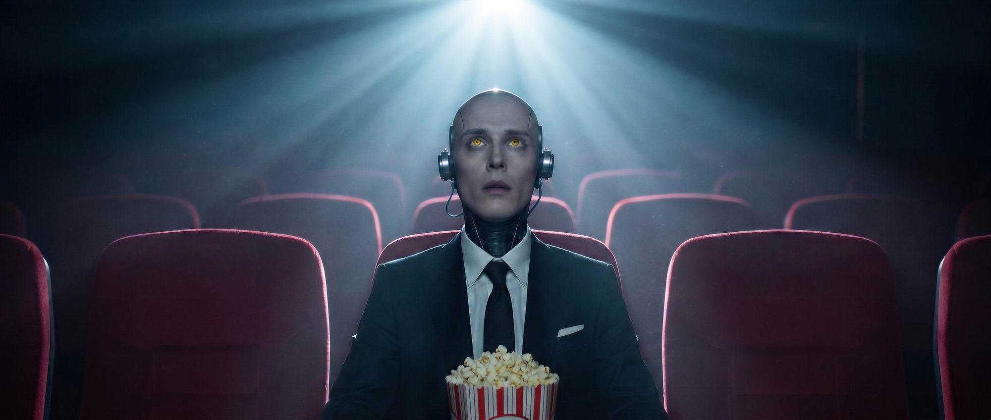 Uncanny Harry — an android in a black suit watching a film alone in a cinema, projector light overhead