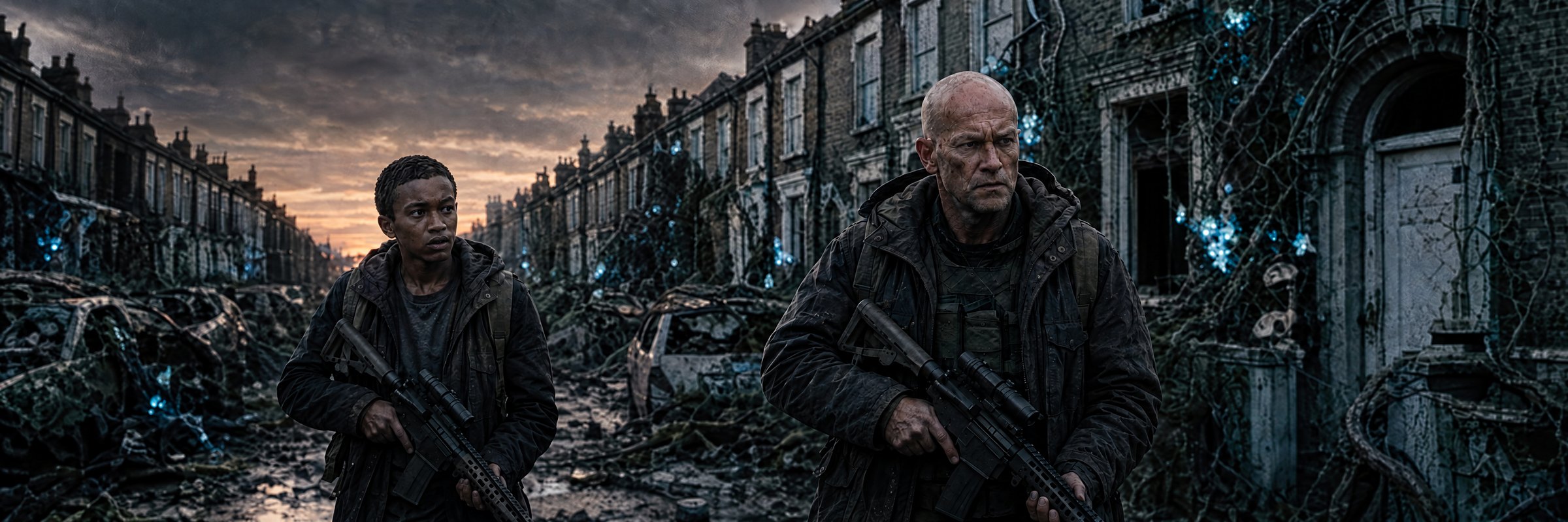 Here Be Monsters key art — two armed survivors walk a ruined, overgrown London terrace street at dusk, alien growths glowing blue across the brickwork