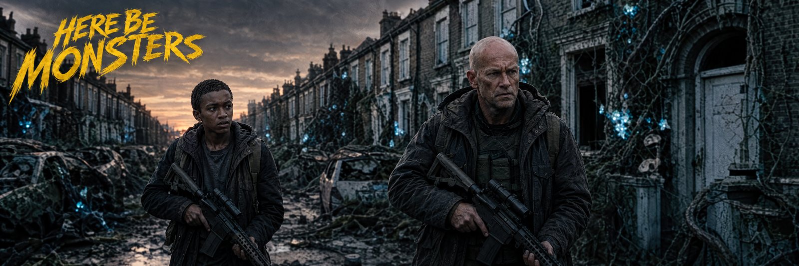 Here Be Monsters — two armed survivors in a ruined, overgrown London street at dusk
